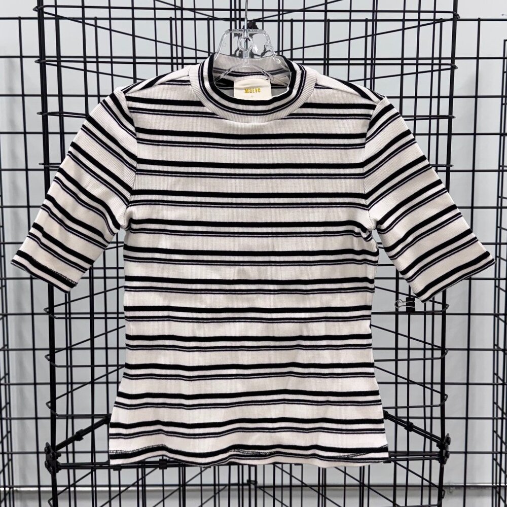 Maeve Anthropologie Mock Neck Ribbed B/W Striped S/S Shirt Size XS